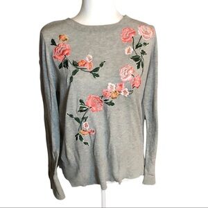 GRAY SWEATER ROSE EMBROIDERY LIGHTWEIGHT SLIT CUFFS NO SIZE L/XL